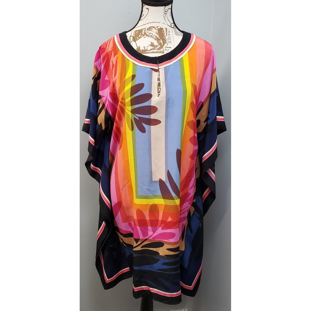 Trina Turk Theodora Caftan Dress Womens M/L Multi Palm Leaf Print Cover-Up EUC
